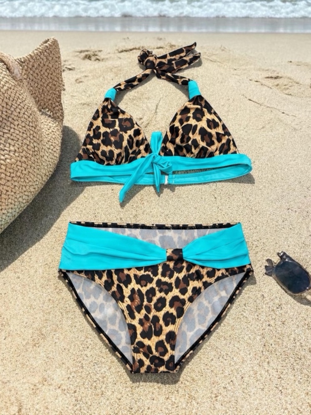Leopard Print Bikini with Turquoise Trim